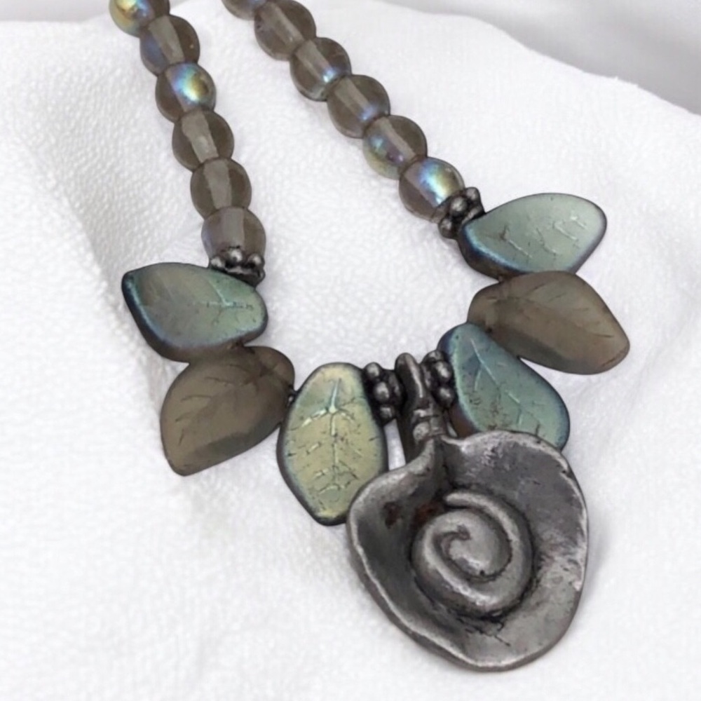 Czech-Style Glass Leaf Pewter Center Fire-Polished Beaded Necklace